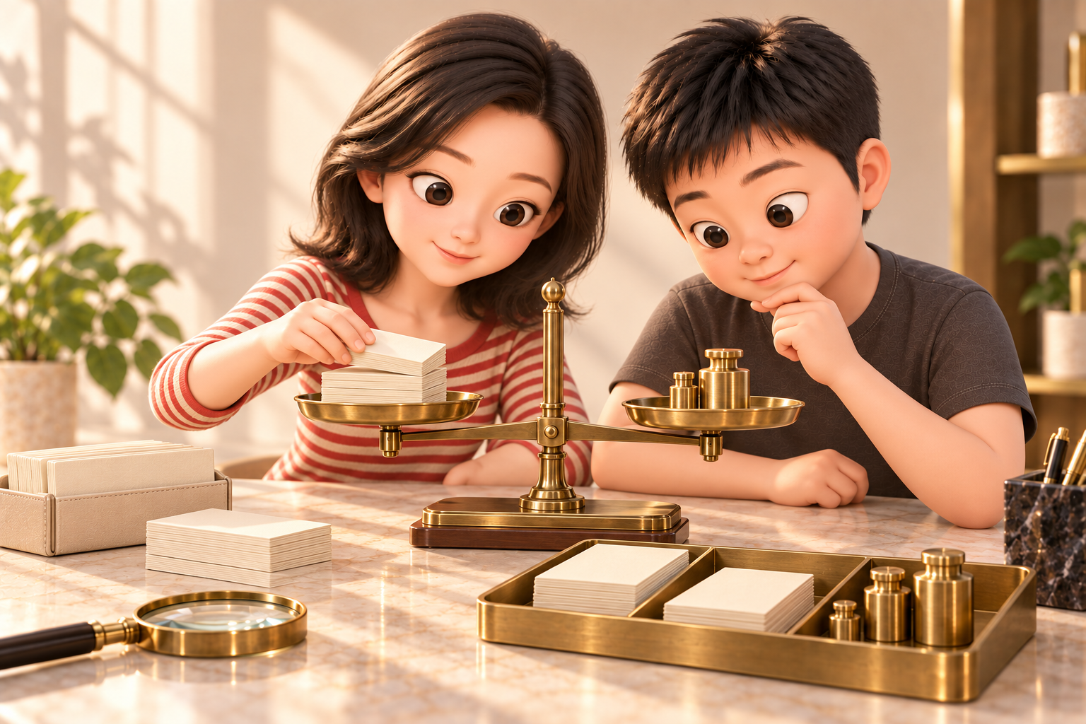 统一暖色3D人物使用黄铜天平比较力量是否平衡