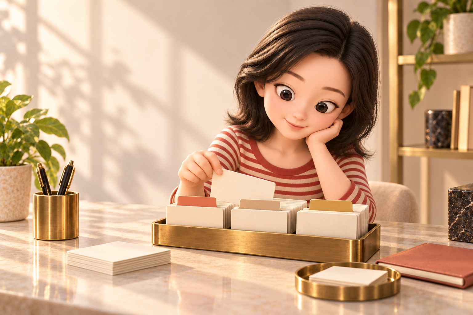 VIDEO标准3D Q版女性角色在暖色书桌前整理任务卡片
