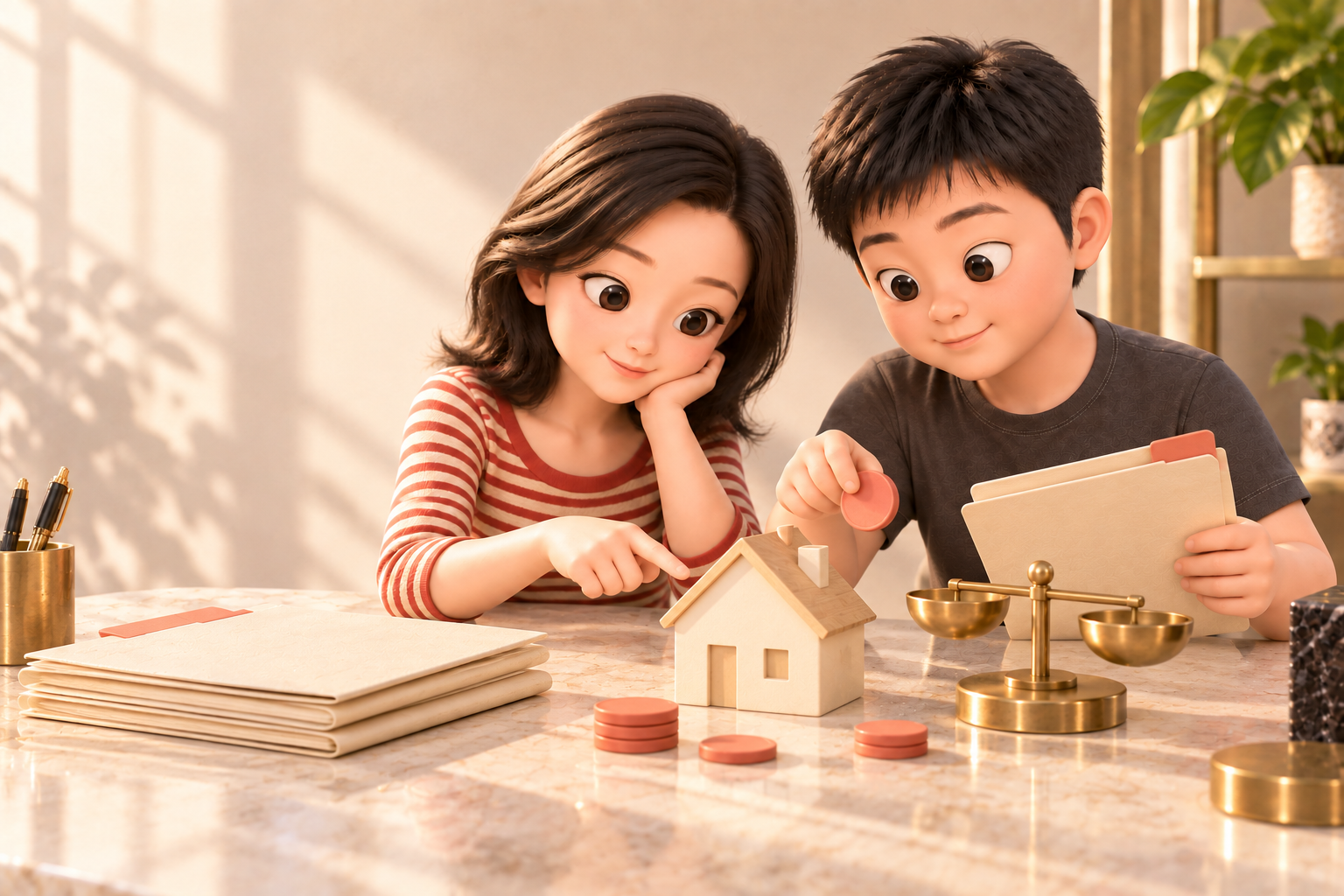VIDEO标准3D Q版男女角色利用房屋模型与天平规划家庭资源