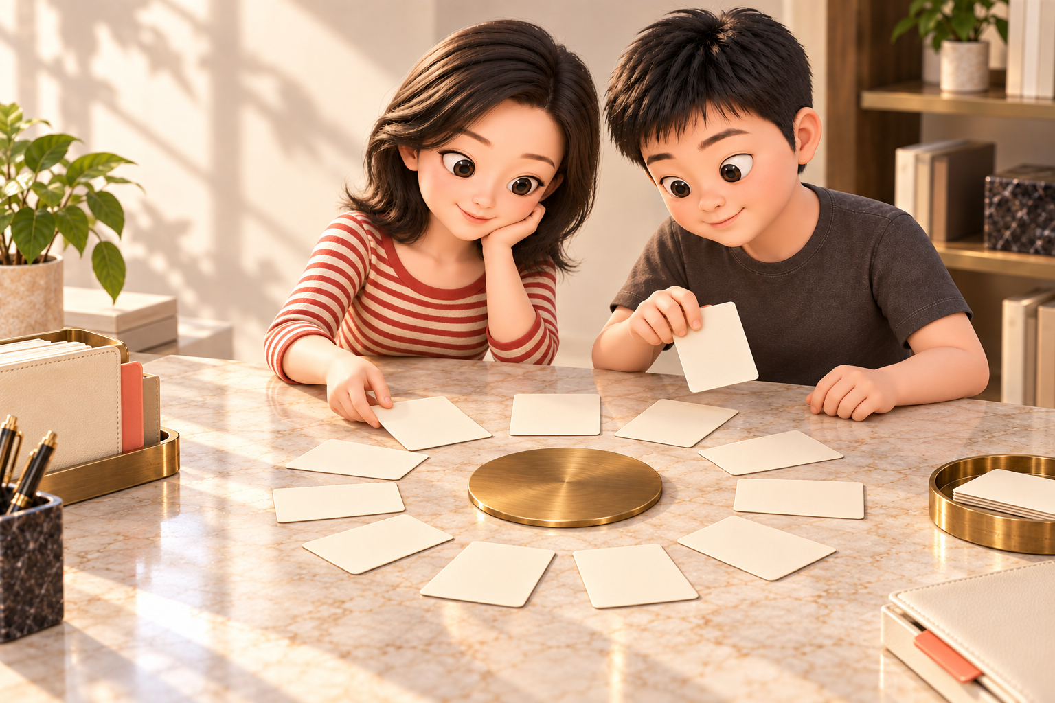统一暖色3D人物排列十二张空白卡片围绕中心圆盘