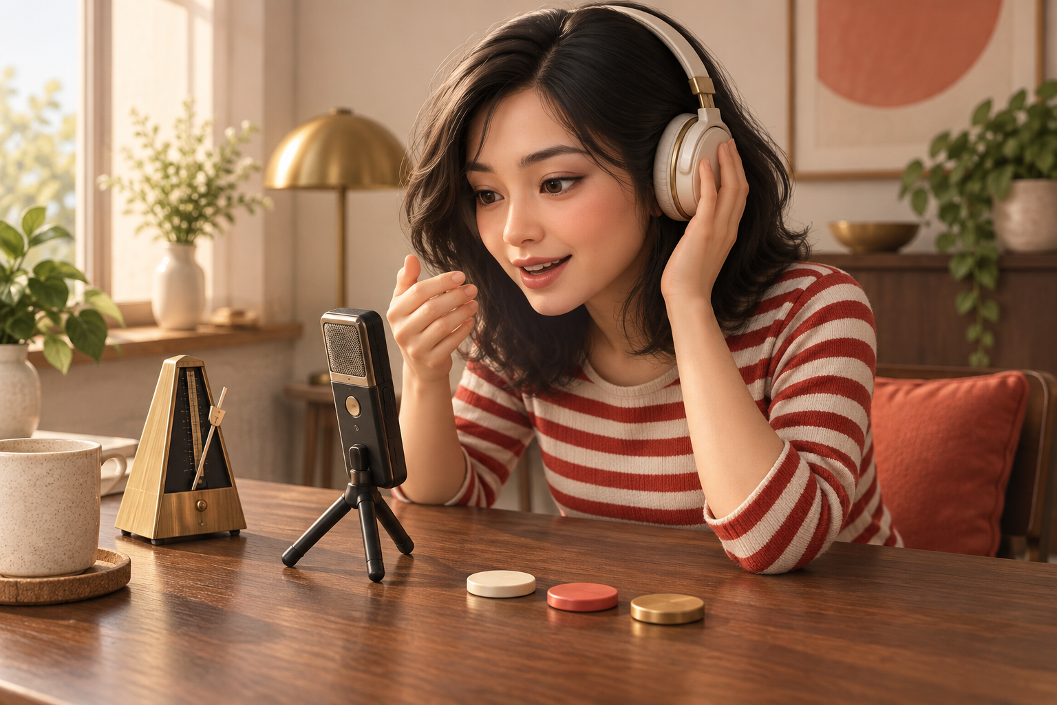 人物用手机录下姓名读音，再通过耳机回听确认发音