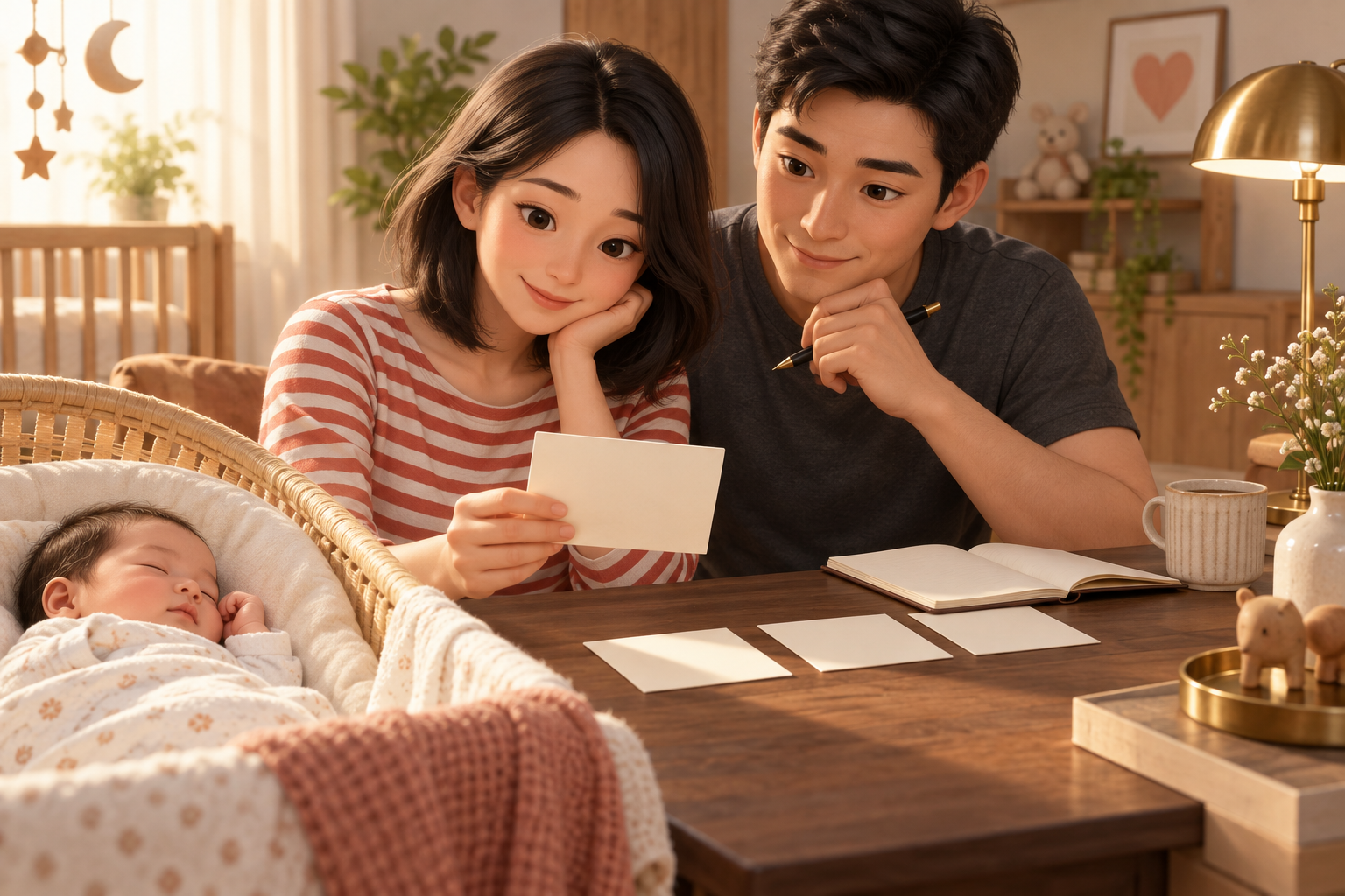 父母在婴儿床旁比较宝宝姓名卡，并检查名字是否便于日常呼唤