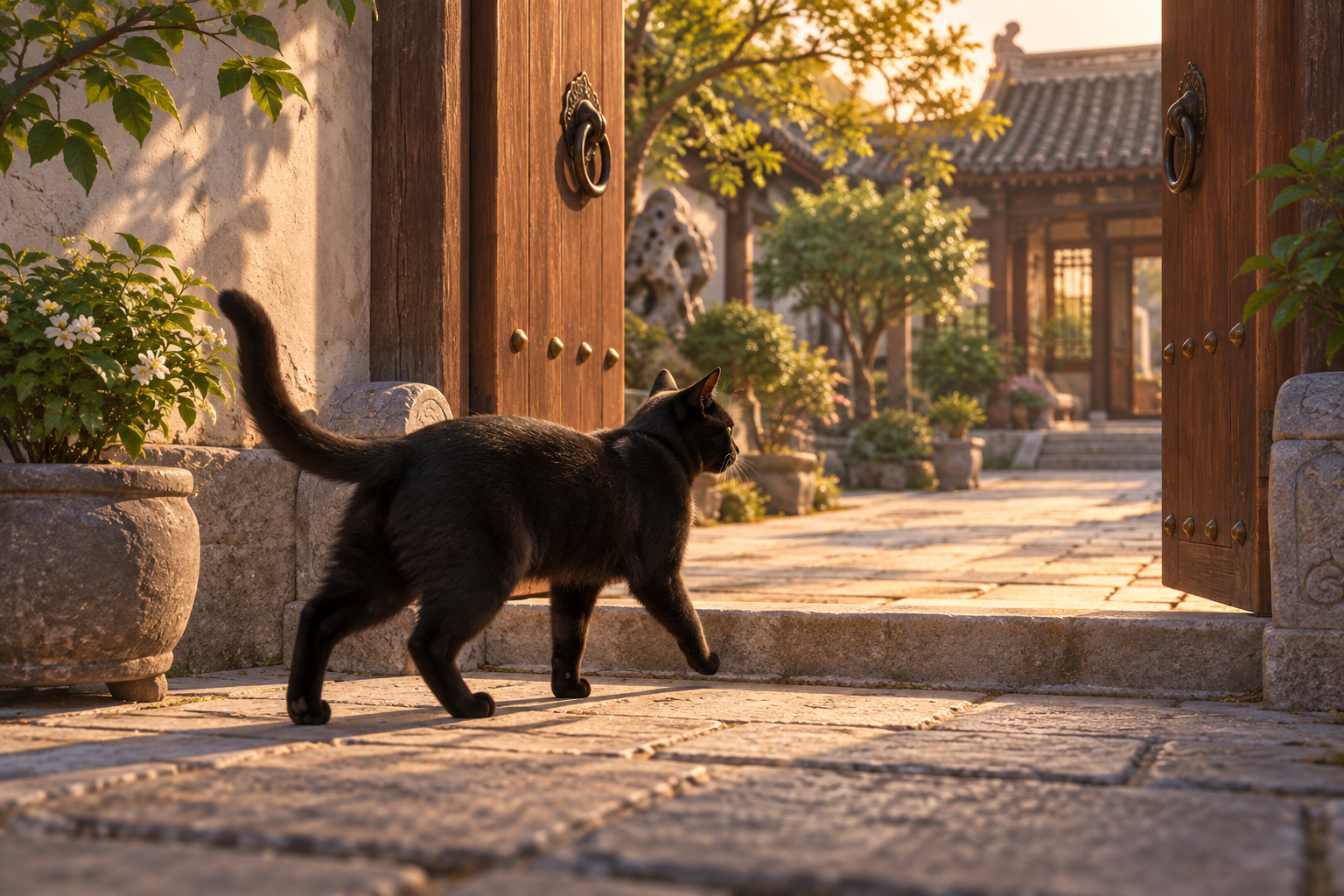黑猫从庭院门槛走向敞开的木门，前方通道清楚可见