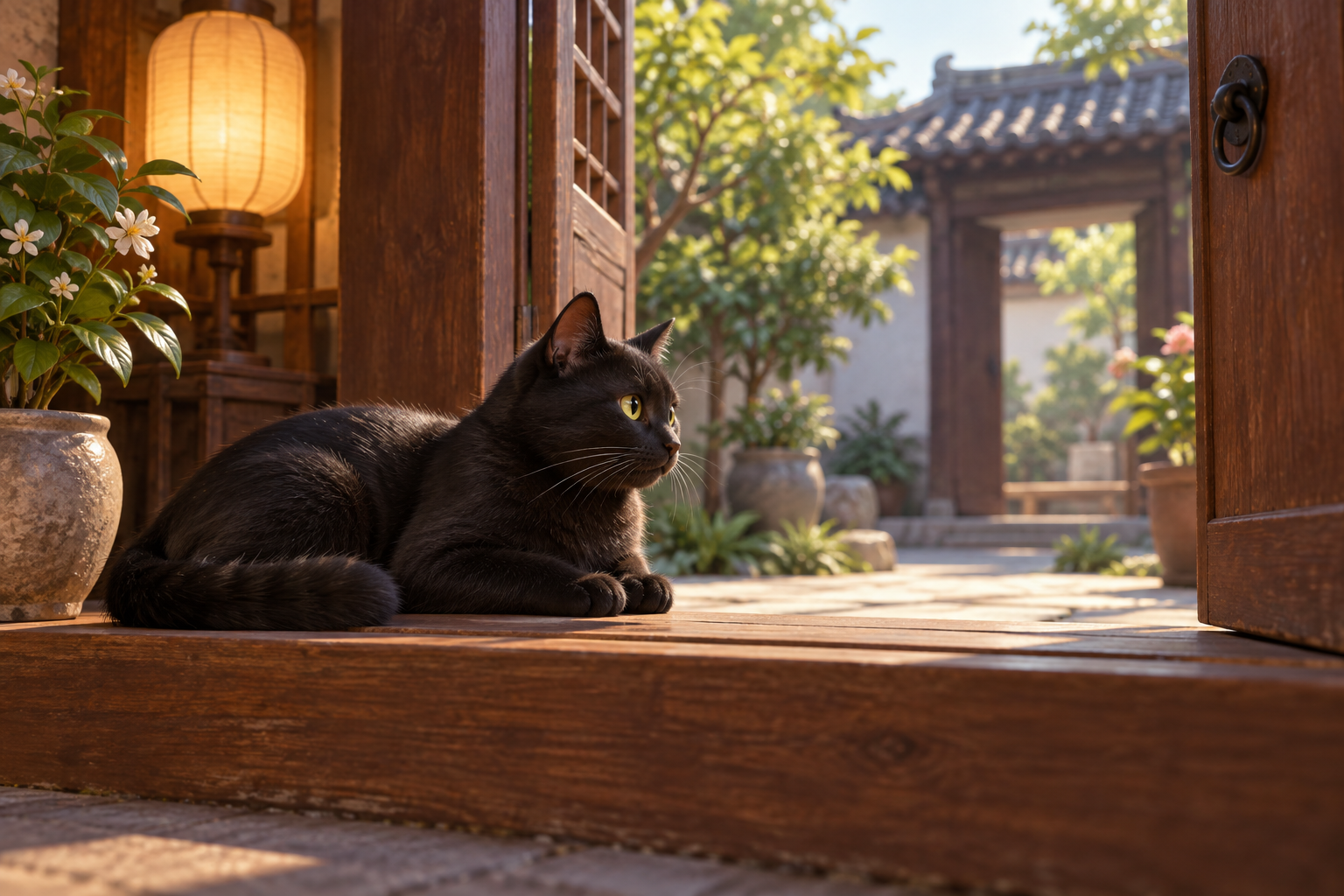 黑猫安静伏在木门内侧，转头看向明亮的院门