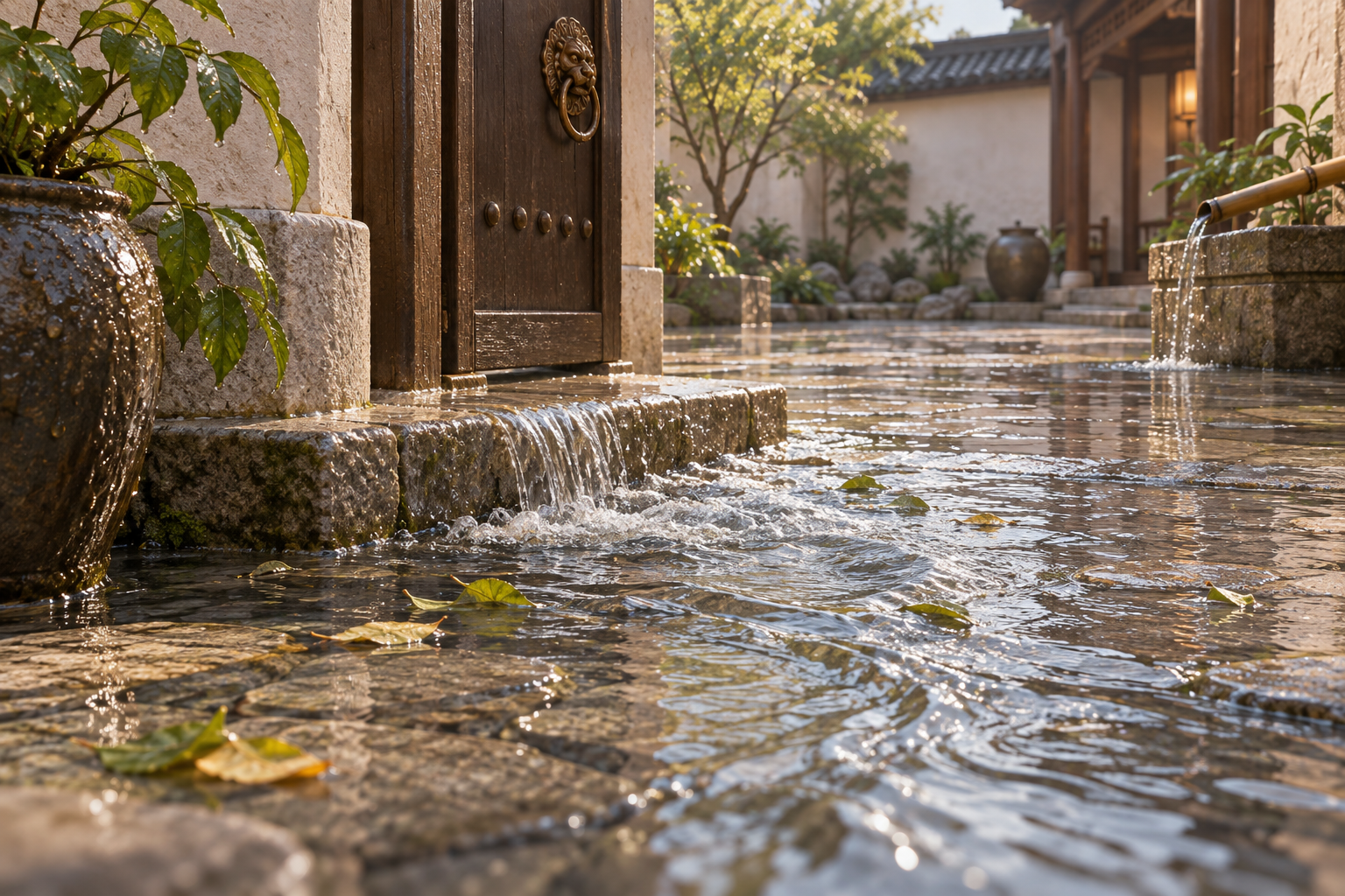 雨后庭院的积水越过石阶门槛，水位变化和流动路径清晰可见