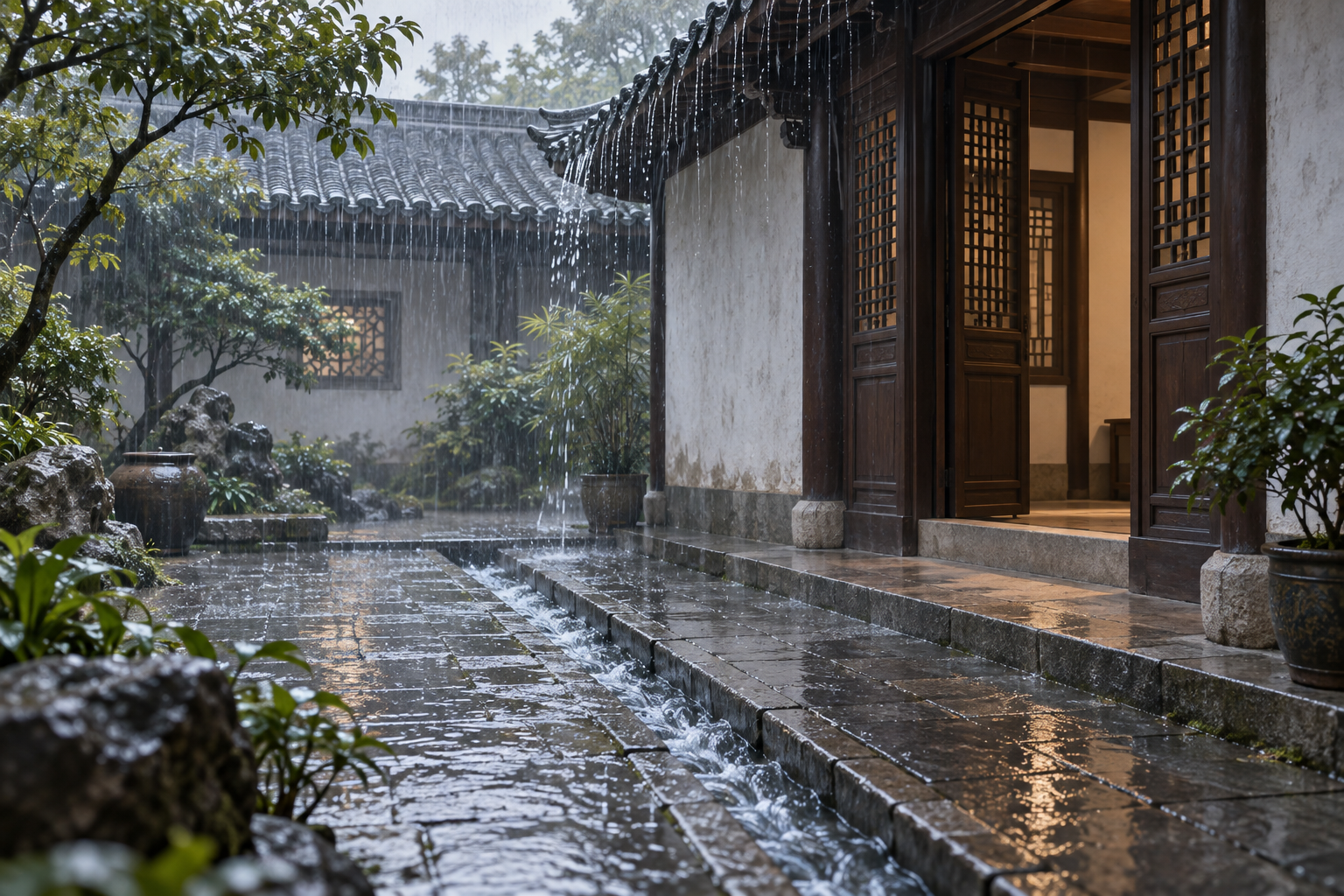 雨水沿石板路流向庭院排水溝